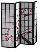 Roundhill Furniture Black Japanese 4-Panel Screen Room Divider, Plum Blossom