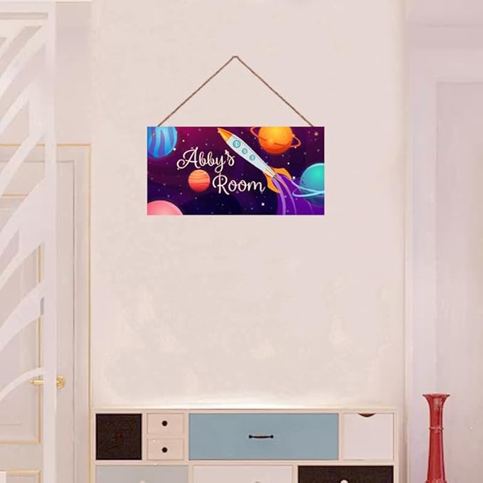 Personalized Sign Rocket Sign, Outer Space Theme Wall Decor Custom Name Door Plate for Kids Room Nursery Stars Galaxy Art Wall plaques For Boys Room Girls Bedroom
