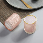 SHMILMH Pink Votive Candle Holders Set of 24, Pink Christmas Table Centerpiece Glass Tealight Holders Bulk with Gold Rim, Tea Candle Holder for Birthday Wedding Decor