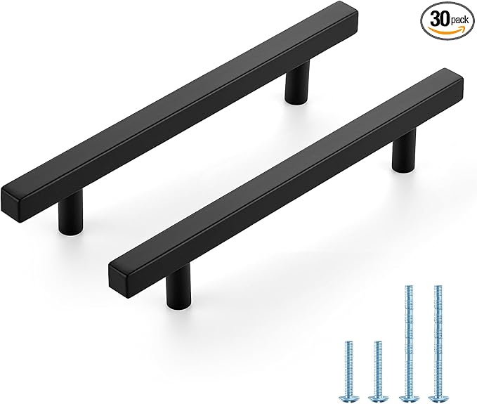JOY DECOR 30 Pack 5 Inch Matte Black Square Cabinet Handles Stainless Steel Cabinet Hardware Pulls for Kitchen and Drawers with 7-3/8 Inch Overall Length