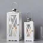 TRIROCKS Set of 2 Farmhouse Wood Lantern 17.5''&24.5'' Metal Decorative Outdoor Lantern with Tempered Glass Rustic Candle Holder for Thanksgiving Christmas Patio Garden Indoor Outdoor(White Rectangle)