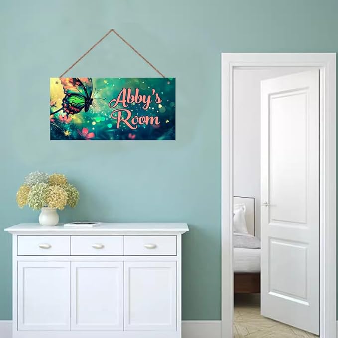 Personalized Butterfly Sign Flowers Painting Art Décor For Kids Room Custom Name Door Wall Decor, Floral Nursery Art Plate For Boys Room Girls Bedroom