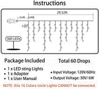 Toodour Christmas Icicle Lights Outdoor, RGB Color Changing Icicle Light with 60 Drops, 29.5ft 360 LED Christmas Lights - Window Fairy Twinkle Light for Home, Garden, Outdoor Xmas Decorations