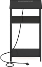Furinno Moretti Side Table, 3-Tier End Table with Charging Station, Metal Frame Night Stand, Bedside Table with USB and Type-C Charging Port, for Living Room, Bedroom, Americano