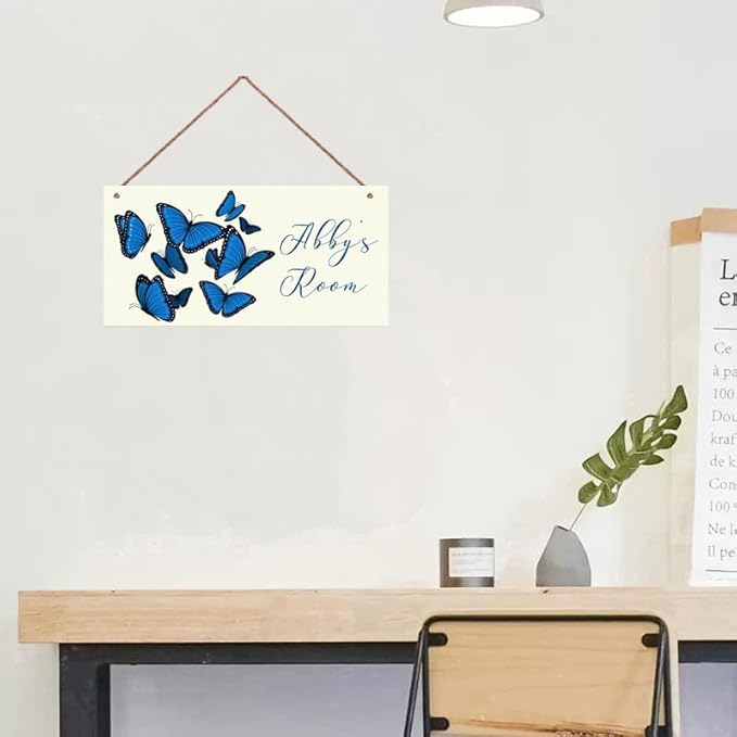 Personalized Blue Butterfly Sign Door Décor For Kids Room Custom Name Wall Art Decor, Nice Floral Nursery Art Plate For Girls Room Living Room Bedroom Greenhouse Garden