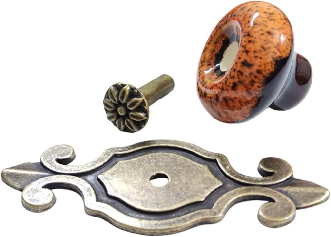 5 Pack Retro Ceramic Knobs,Vintage Dresser Kitchen Petal Cabinet Pulls Rustic Zinc Alloy Base Back Plate Kid Cupboard Wardrobe Drawer Door Handles (Leopard Print Orange)