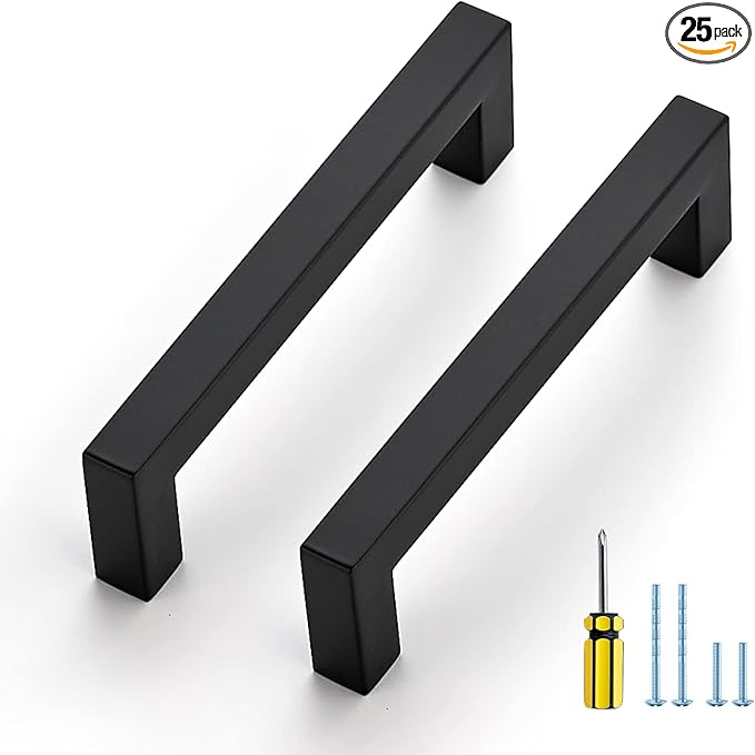 Ravinte 25 Pack Black Cabinet Pulls 4-1/2 Inch Square Kitchen Cabinet Handles Matte Black Kitchen Hardware for Drawer Pulls Drawer Handles Come with Screwdriver