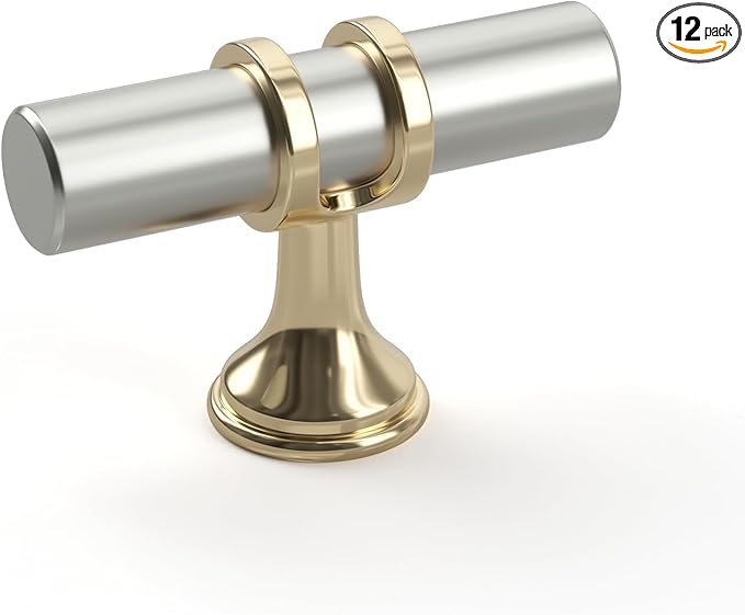 LONTAN 12 Pack Brushed Nickel Cabinet Knobs Silver Gold Drawer Knobs T Bar Kitchen Cabinet Hardware for Dresser Bathroom