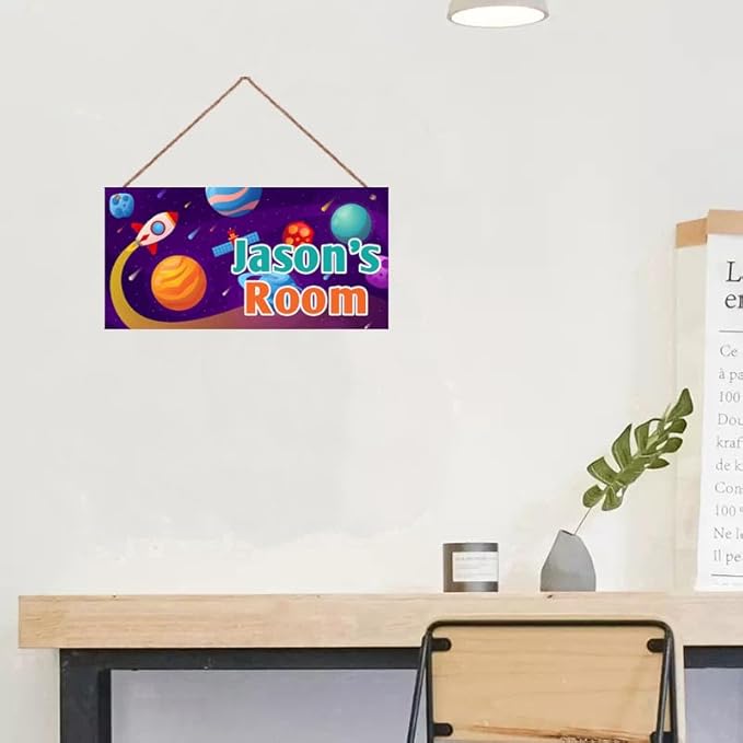Personalized Rocket Sign Outer Space Themed For Kids Room Nursery Baby Playroom Door Decor,Custom Name Stars Satellite Wall Decor Decorative Plate for Boys Room Girls Bedroon