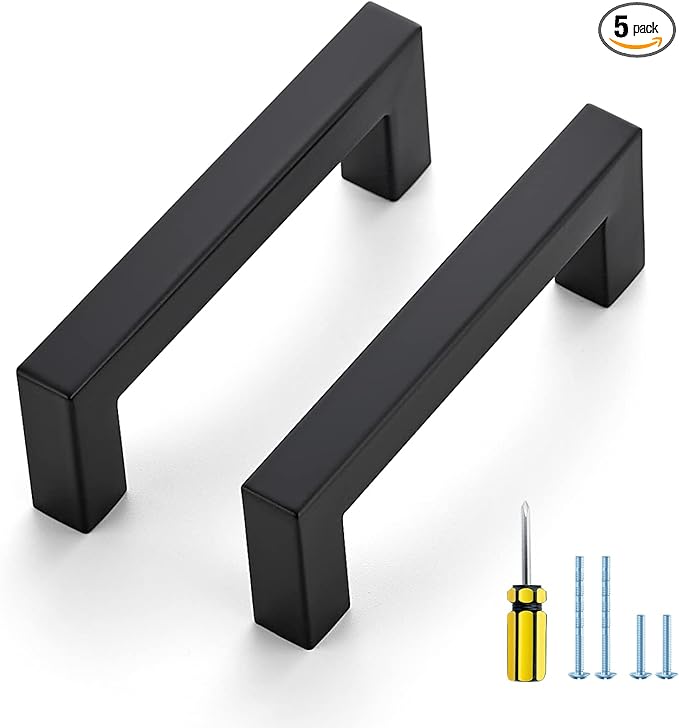 Ravinte 5 Pack Black Cabinet Pulls 3-1/2 Inch Square Kitchen Cabinet Handles Matte Black Kitchen Hardware for Drawer Pulls Drawer Handles Come with Screwdriver