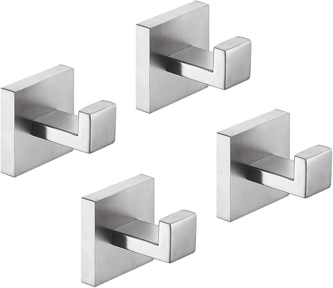 TASTOS Bath Towel Hooks Brushed Nickel, 4 Pack Stainless Steel Robe Coat and Clothes Hook, Heavy Duty Wall Hook for Bathroom & Kitchen, Modern Square Style Wall Mounted