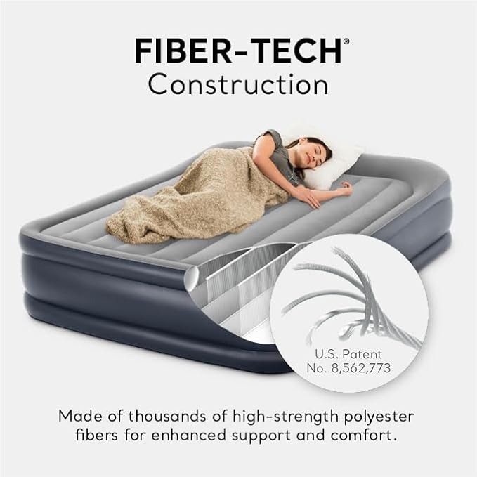 Intex 64135ED Dura-Beam Plus Deluxe Pillow: Fiber-Tech – Queen Size – Built-in Electric Pump – 16.5in Bed Height – 600lb Weight Capacity