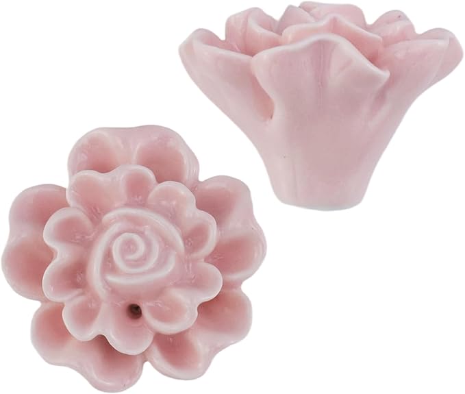 4PCS 1.65" × 1.3" Ceramics Light Pink Rose Knobs Flower Shaped Drawer Pulls for Cupboard with 2 Kinds of Screws