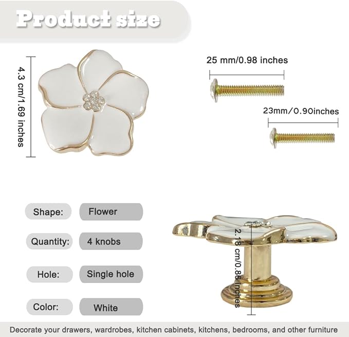 4 pcs Flower Petal Knobs,Creative Silver Flower Drawer Pulls Handles with Screws Single Hole Handle for Cabinet, Dressing ，Home Decor Handles (White)