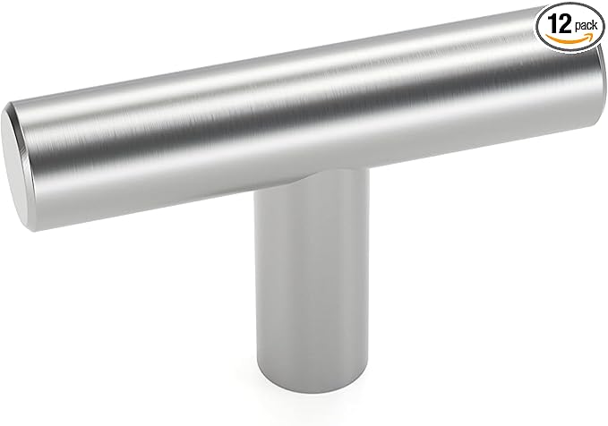 LONTAN Cabinet Knobs Brushed Nickel Bathroom Dresser Knobs - LS201BSS Euro Kitchen Cabinet T Bar Drawer Pulls Round Hardware for Drawer, Single Hole, Pack of 12