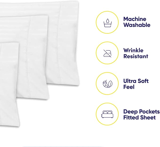 Dobby Stripe Queen Sheets - 6 Piece 1500 Supreme Collection Fine Brushed Microfiber Deep Pocket Queen Sheet Set Bedding - 2 Extra Pillow Cases, Great Value, Queen, Dobby White
