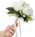 Eforcase Wedding Bouquet - Artificial White Rose Flower Bouquets for Bride and Bridesmaid - Faux Ribbon Holding Flowers for Wedding Decor
