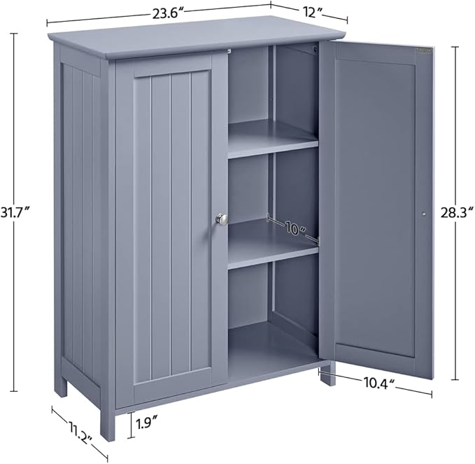 Yaheetech Bathroom Floor Cabinet, Modern Storage Freestanding Organizer Cabinet with Adjustable Shelves & Double Doors, 3-Tier Home Living Room Furniture, Gray