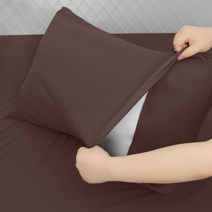 King Size Sheets Set for Air Mattress - Deep Pocket King Sheet Set - 3Pcs Side Storage Pocket Fitted Sheet & Pillowcases Easily Fits 16in to 24in Pillow Top Air Bed Mattress - Brown
