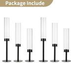 NUPTIO Hurricane Glass Candle Holders: 6 Pcs Black Metal Candlestick Tapered Holder with Clear Chimney Covers Bottomless Tall Modern Taper Candles Stick Cylinder Stand for Halloween Fireplace Decor