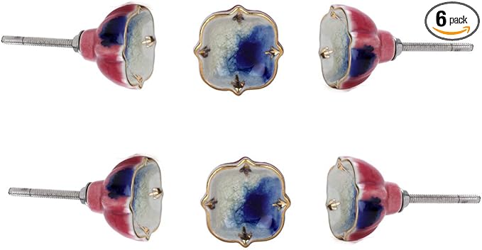Perilla Home Set of 6 Blue Bell knob (Ceramic and 24 K Gold) Decorative Bell Knobs for Home Kitchen Cabinet Hardware Cupboard Door Dresser Wardrobe Drawer Pulls (Blue and Pink)
