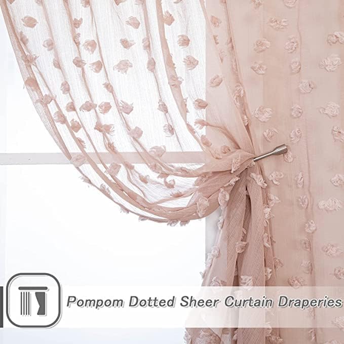 MYSKY HOME Pom Pom Pink Sheer Curtains for Bedroom Girls Room Dusty Rose Curtains 84 Inches Long for Nursery Kids Light Filtering Boho Window Drapes, Rod Pocket, 38" Wide, 2 Panels