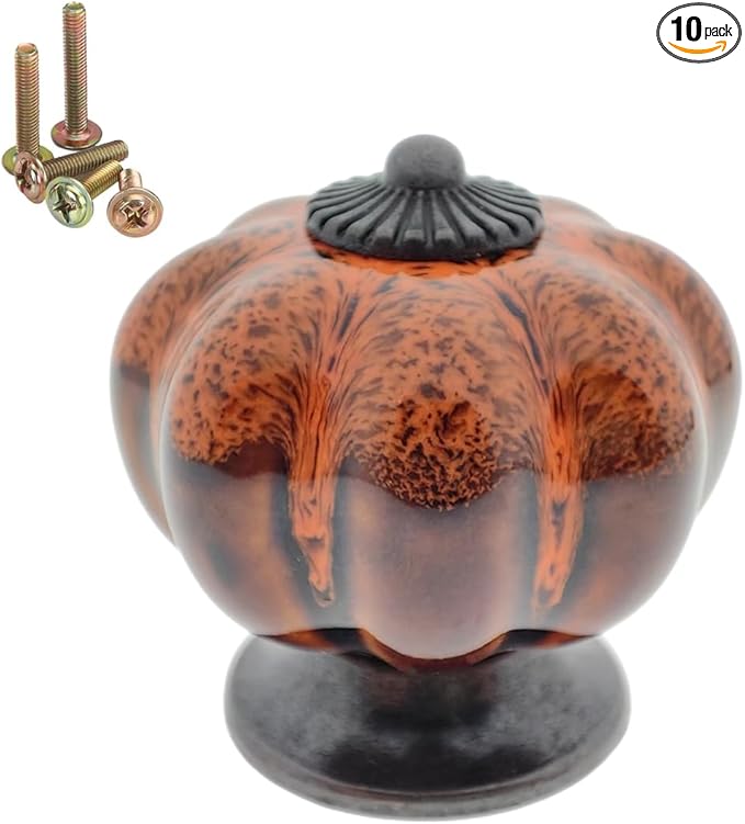 10 Pack Vintage Ceramic Pumpkin Cabinet Knobs, Kitchen Cabinet Drawers Dresser Cupboard Pull Handles Door Pulls with 5 Kinds of Screws (Leopard Print -Orange)