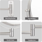 Cerdeco 8 Inch 10X Double Sided Makeup Wall Mount Mirror With Nickel Plated Finish - 360 Swivel Extendable Cosmetic Shaving Magnification