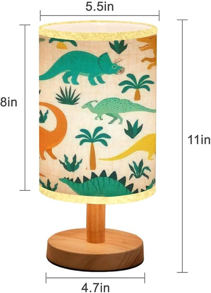 LOPYEIJFG Minimalist Bedside Table Lamp Hand Drawn Seamless with Dinosaurs and Tropical Leaves and Flowers Wood Nightstand Lamp Bedside Desk Lamp Wood Base Flaxen Fabric Shade for Bedroom Living Room