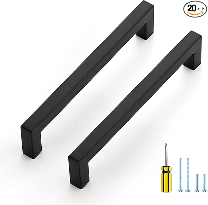 Ravinte 20 Pack Square Cabinet Pulls 6-1/4 Inch Black Kitchen Cabinet Handles Matte Black Kitchen Hardware for Drawer Pulls Drawer Handles Come with Screwdriver