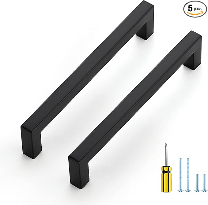 Ravinte 5 Pack Square Cabinet Pulls 6-1/4 Inch Black Kitchen Cabinet Handles Matte Black Kitchen Hardware for Drawer Pulls Drawer Handles Come with Screwdriver