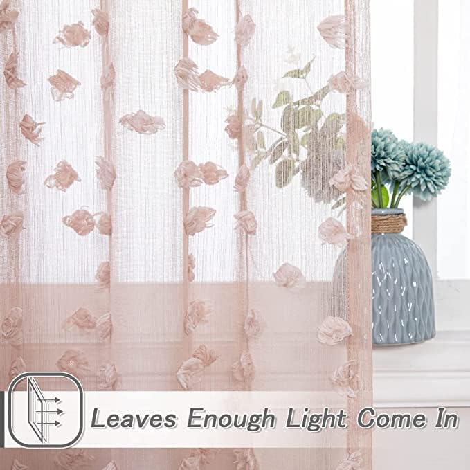 MYSKY HOME Pink Sheer Short Curtains with Pom Pom for Small Windows Dusty Rose Bedroom Nursery Kids Girls Room Curtains Cafe Kitchen Light Filtering Boho Drapes, Rod Pocket,38 x 45 Inches, 2 Panels