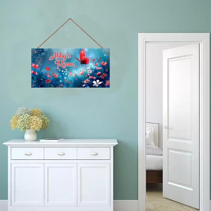 Personalized Sign Red Butterfly Sign Flower Art Décor For Kids Room Custom Name Door Wall Decor, Floral Nursery Art Plate For Girls Room Baby Boys Bedroom