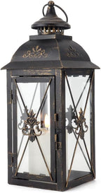 TRIROCKS Decorative Hanging Lantern 13.5'' High Vintage Metal Candle Holder with Tempered Glass Perfect for Living Room Garden Yard Patio Parties Events Indoors Outdoors (Black)