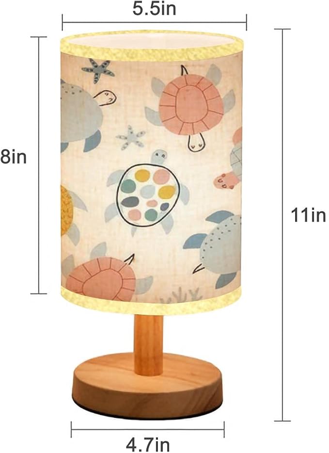 Minimalist Bedside Table Lamp Baby seamless Cute turtles on white Creative scandinavian kids texture Wood Nightstand Lamp Bedside Desk Lamp Wood Base Flaxen Fabric Shade for Bedroom Living Room