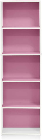 Furinno LUDER Book Shelf, 5-Tier Bookshelf, Bookcase, 9.4" x 15.8" x 52", for Living Room, Bedroom, Home Office, White/Pink