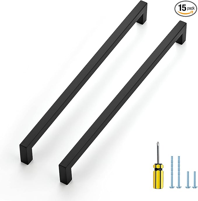Ravinte 15 Pack Black Cabinet Pulls 11-1/3 Inch Square Kitchen Cabinet Handles Matte Black Kitchen Hardware for Drawer Pulls Drawer Handles Come with Screwdriver