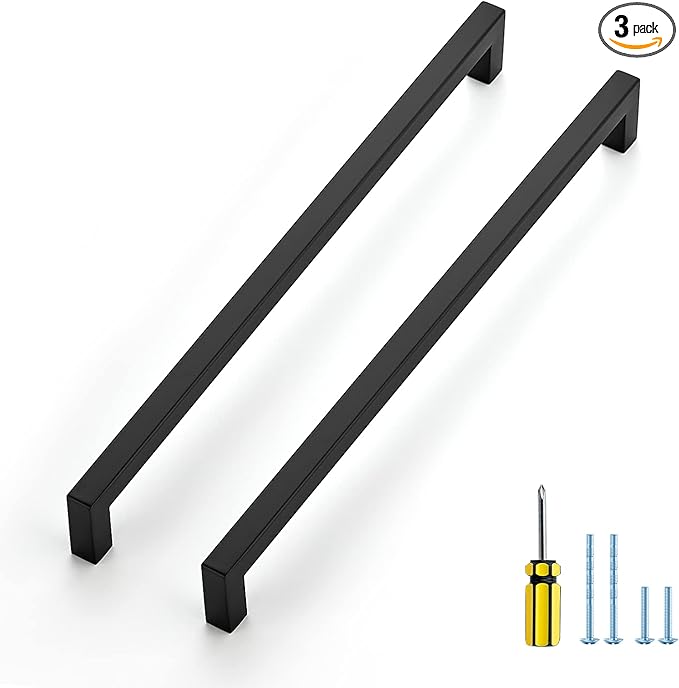 Ravinte 3 Pack Black Cabinet Pulls 11-1/3 Inch Square Kitchen Cabinet Handles Matte Black Kitchen Hardware for Drawer Pulls Drawer Handles Come with Screwdriver