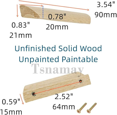 2Pcs Unfinished Wood Solid Furniture Pulls Handles,Unfinished Unpainted Paintable Wooden Handles Cupboard Closet Drawer Handle Pull,Length 3.54",Hole Dis.2.52"