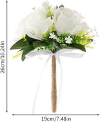 Eforcase Wedding Bouquet - Artificial White Rose Flower Bouquets for Bride and Bridesmaid - Faux Ribbon Holding Flowers for Wedding Decor