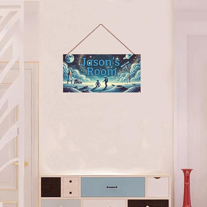 Personalized Name's Door Sign For Boys Room, Outer Space Theme Wall Art Decor, Astronaut Art Nursery Kids Room Decor