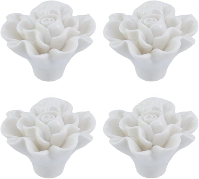 4PCS 1.57" × 1.14" Ceramics White Rose Knobs Flower Shaped Drawer Pulls for Cupboard with 2 Kinds of Screws