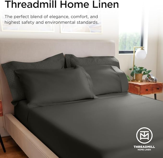 Threadmill Luxury 800 Thread Count Queen 100% Cotton Sheets - Dark Grey Sateen Weave Bed-Sheets, Better Than Egyptian Cotton,4 Pc Solid Soft Bedding Set, Fits 16" Deep Pocket