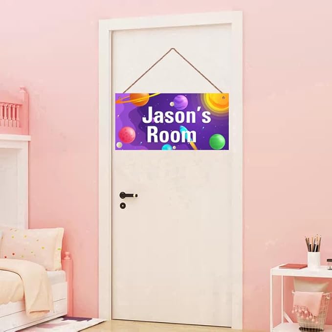 Personalized Sign, Galaxy Signs,Custom Name Wall Door Sign, Baby Nursery Art For Kids Room Outer Space Theme Decor Rocket Stickers For Boys Room Girls Bedroom Little Man Cave