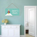 Personalized Rocket Sign For Boys Bedroom Aerospace Themed For Kids Room Door Decor,Custom Name Blue Sky Wall Decor Decorative Plate for Nursery Girls Room