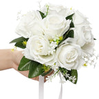 Eforcase Wedding Bouquet - Artificial White Rose Flower Bouquets for Bride and Bridesmaid - Faux Ribbon Holding Flowers for Wedding Decor