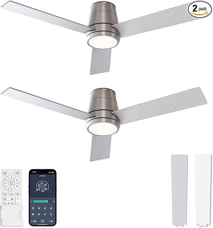 warmiplanet Flush Mount Ceiling Fans with Lights and Remote Control, 52-Inch, Brushed Nickel, 4-Blades, 2 Pack