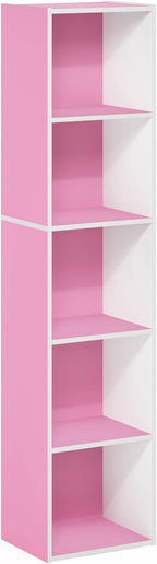 Furinno PASIR Book Shelf, 5-Tier Modern Bookshelf, Open Shelves Bookcase 9" x 12" x 52", for Living Room, Bedroom, Home Office, Pink/White