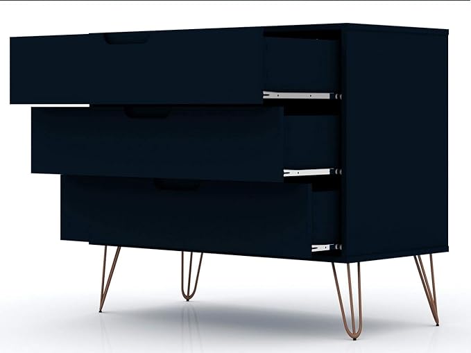 Manhattan Comfort Rockefeller 3 Drawer Dresser for Bedroom Storage, Closet, Living Room, Entryway, TV Stand for Screens up to 32 Inches, Anti-Tip Kit Included, Set of 1, Midnight Blue