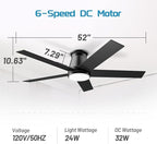 wurzee 52" Flush Mount Low Profile Ceiling Fan, Black,6 Speeds DC Reversible Motor,Timing, Dimmable for Indoor, Patio,Porch, Garage, Shop